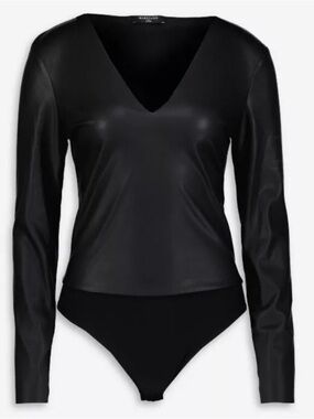Express Faux Leather V-Neck Black Bodysuit Top